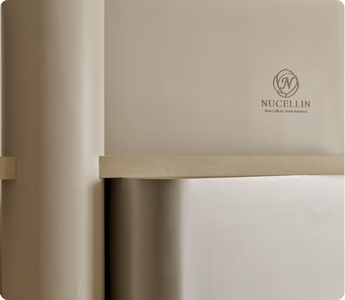 Lounge wall with Nucellin brand signage at the orthopedic clinic in Seoul