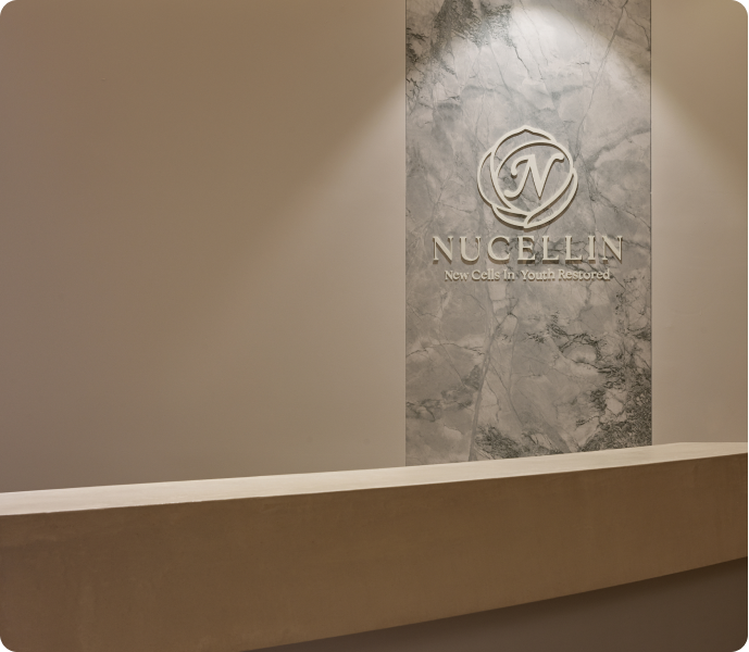 Marble logo wall at the reception of Nucellin Orthopedic Clinic in Seoul