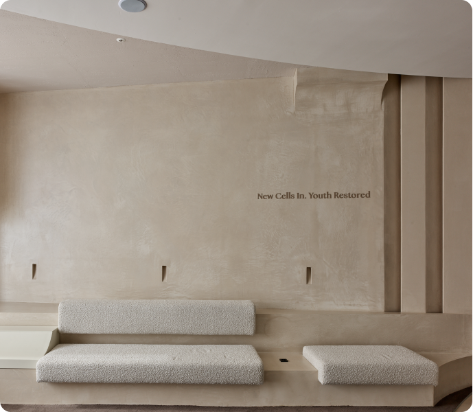 Waiting lounge with stone benches at Nucellin Orthopedic Clinic in Seoul